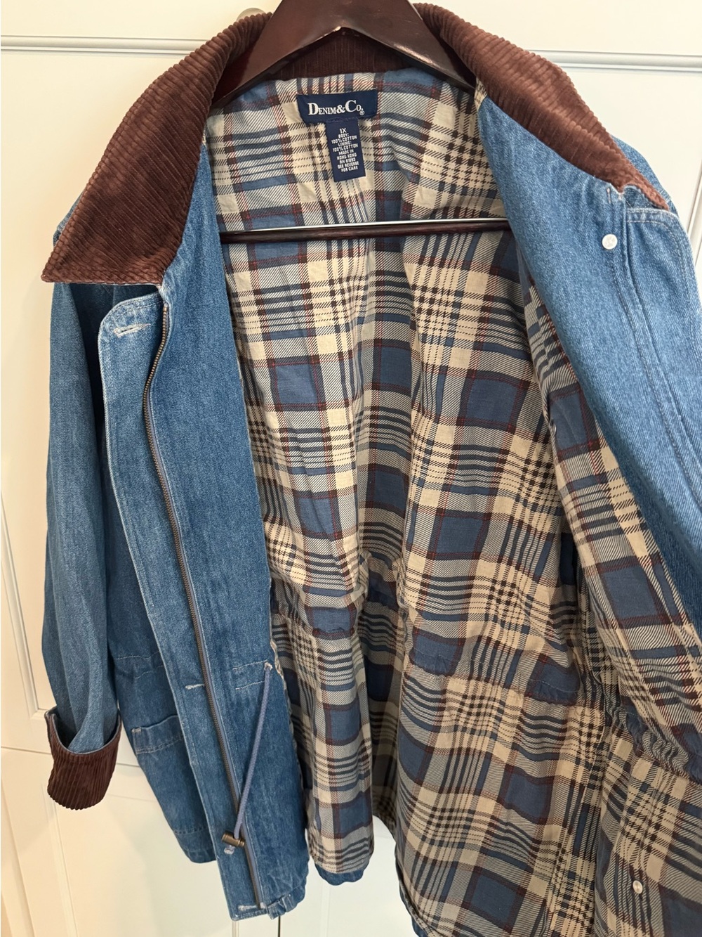 Vintage 90’s Denim Co. Plaid-Lined Denim Barn/Chore Jacket Blue & Brown Like New - Picture 4 of 8